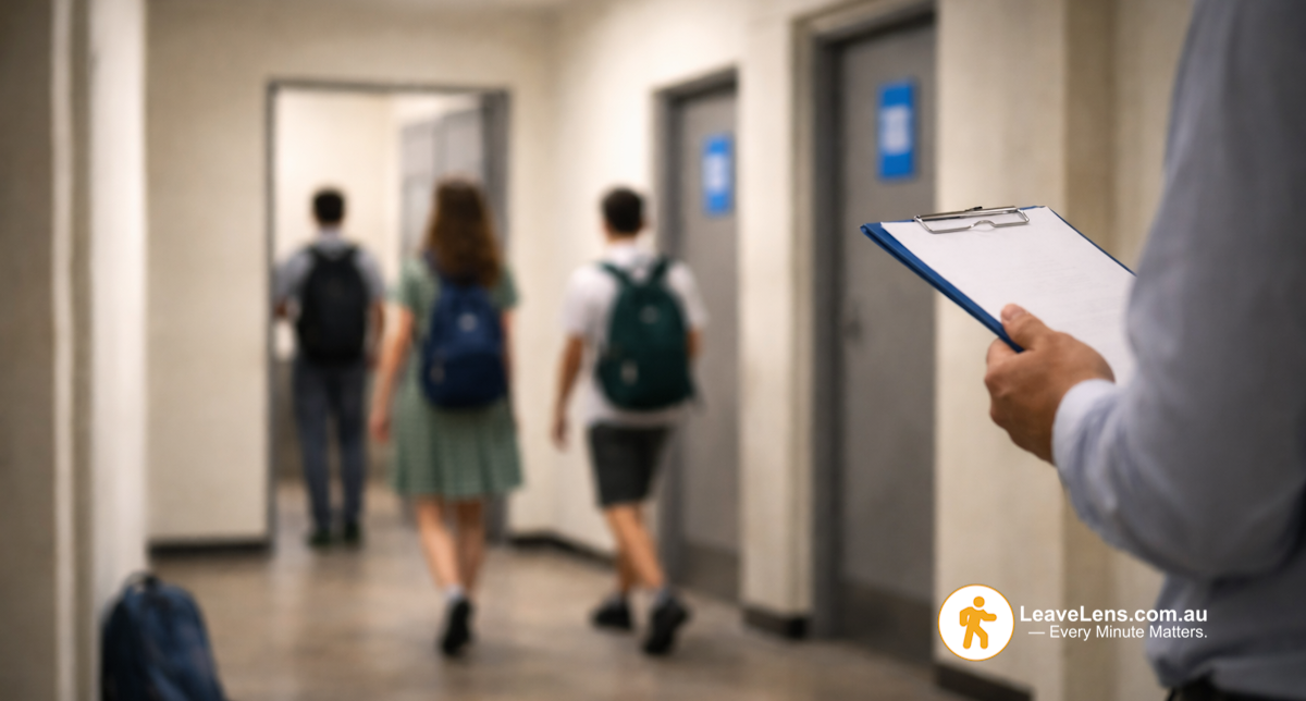 Students in a hallway walking away from a teacher