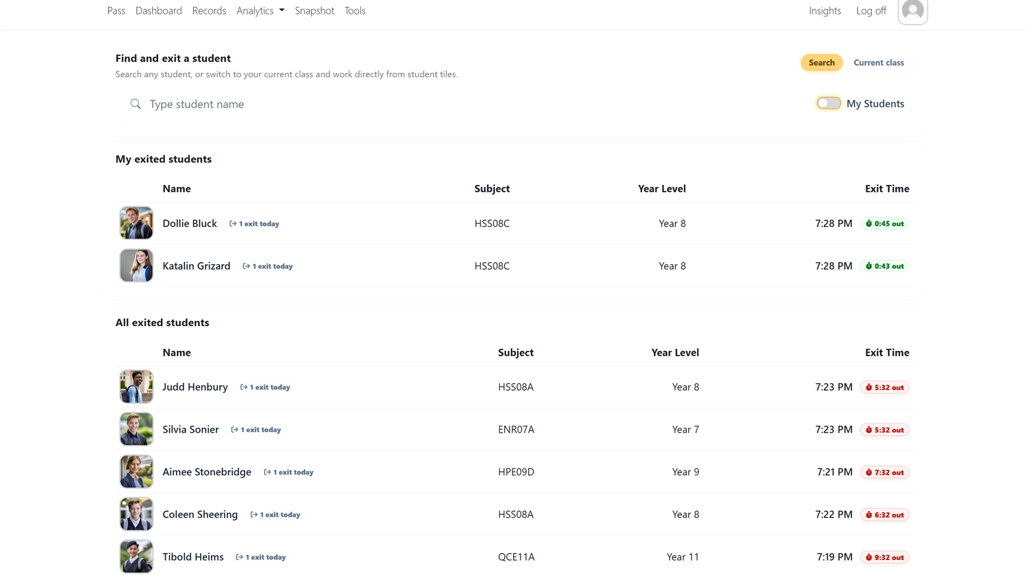 LeaveLens live exit list showing students currently out of class and return timing