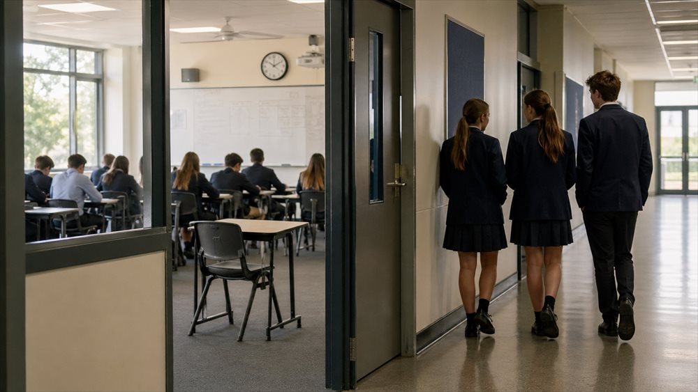 Students outside a classroom during lesson time